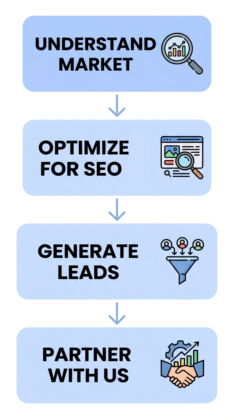 Vertical process flow with four rounded rectangles labeled UNDERSTAND MARKET, OPTIMIZE FOR SEO, GENERATE LEADS, and PARTNER WITH US, connected by down-arrows on a pastel blue background.