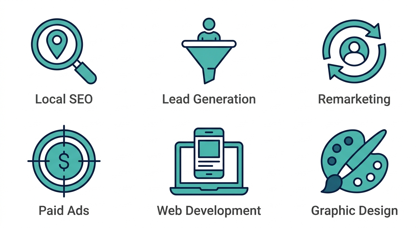 3x2 grid of flat teal and navy icons on white background, each icon labeled in dark gray below