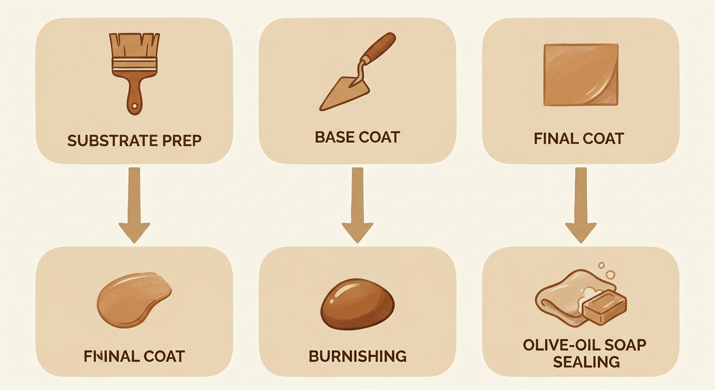 Vertical process flow showing five stages of professional tadelakt application with icons and short labels on a cream background.