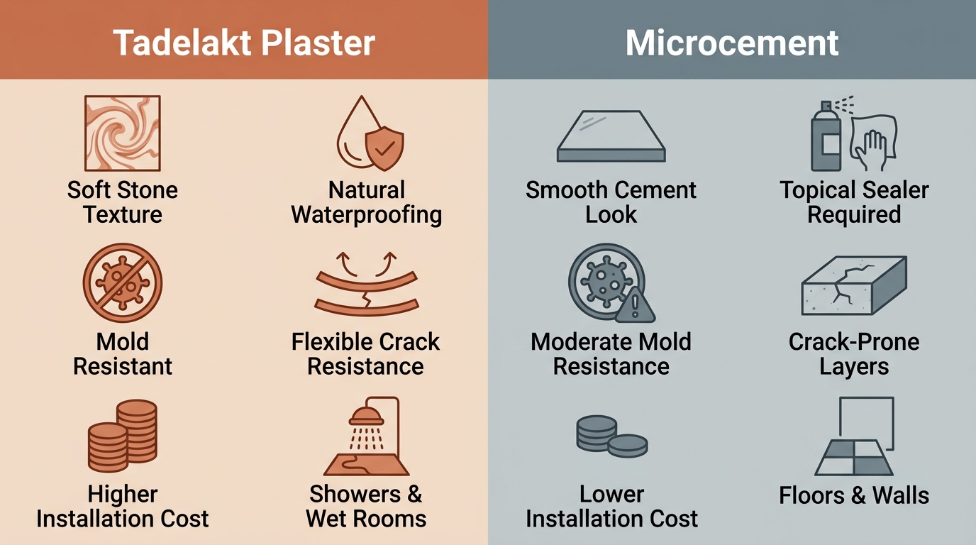 Side-by-side infographic comparing Tadelakt plaster and microcement features such as texture, waterproofing, mold resistance, crack resistance, cost, and best use.
