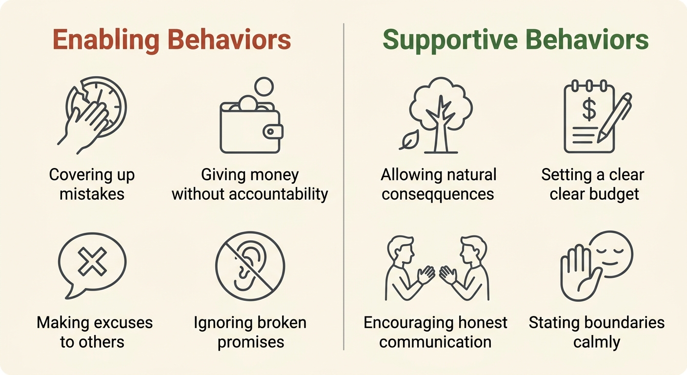 Infographic comparing enabling behaviors on the left with supportive behaviors on the right, each with outline icons and labels on a soft ivory background.