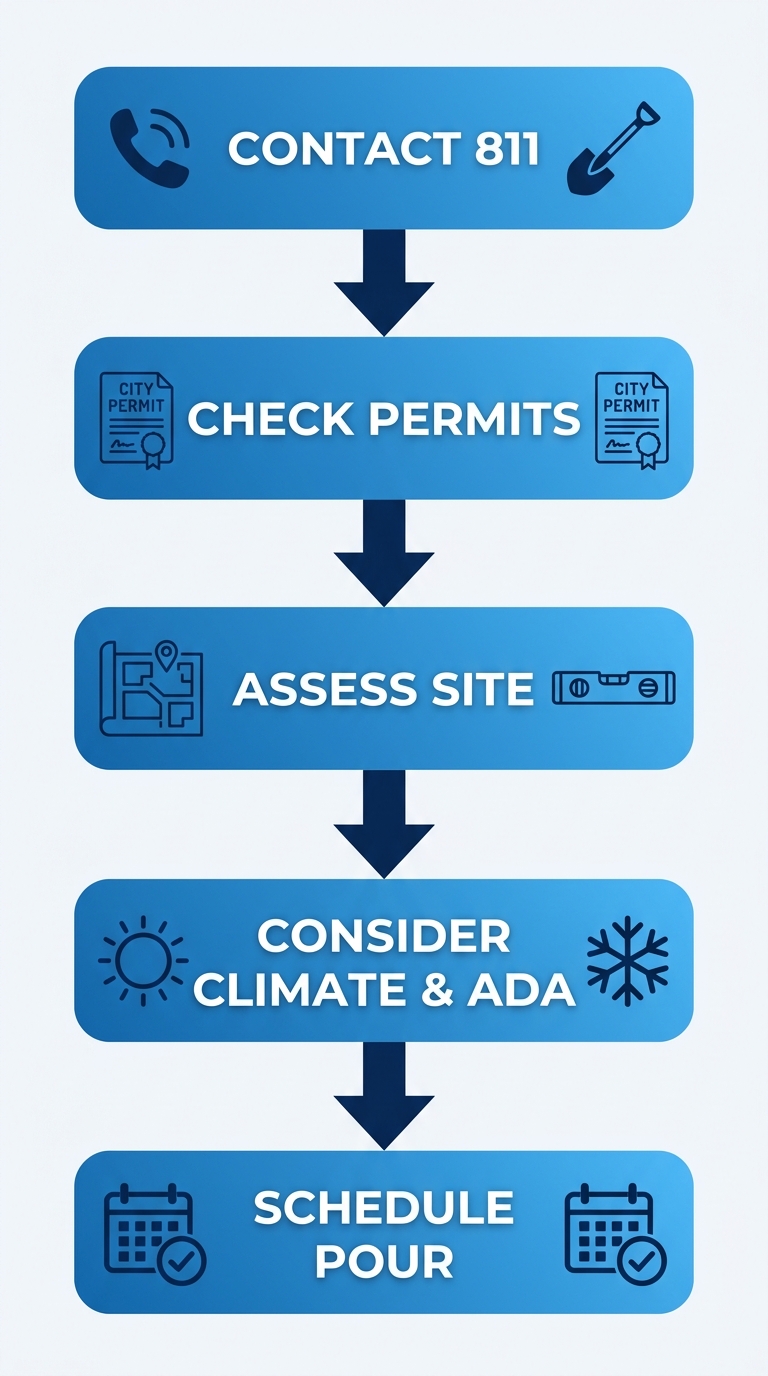 Vertical diagram with five steps for a sidewalk installation process in Albuquerque, from contacting 811 to scheduling the pour, with icons and arrows.