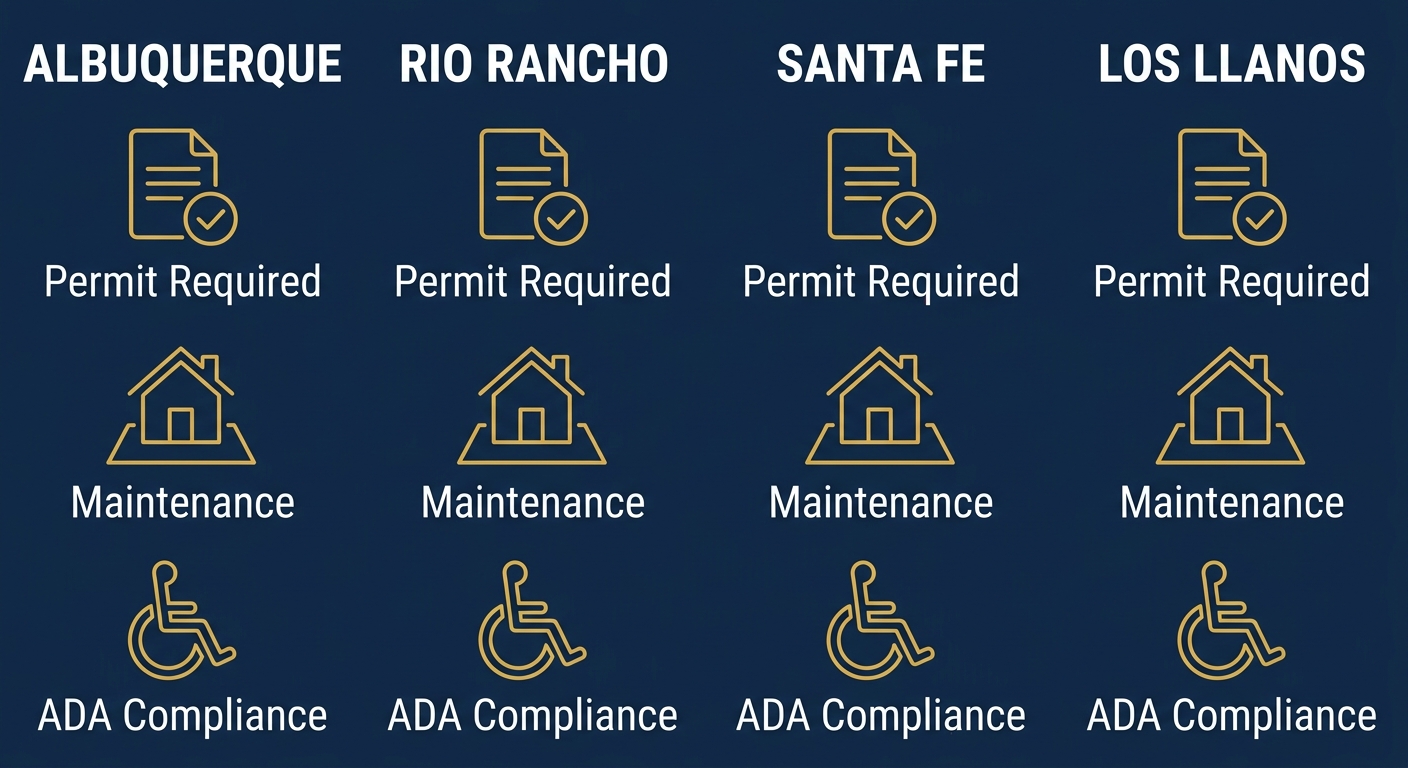 Infographic comparing sidewalk installation regulations across four Albuquerque area cities, showing permit, maintenance, and ADA compliance icons.