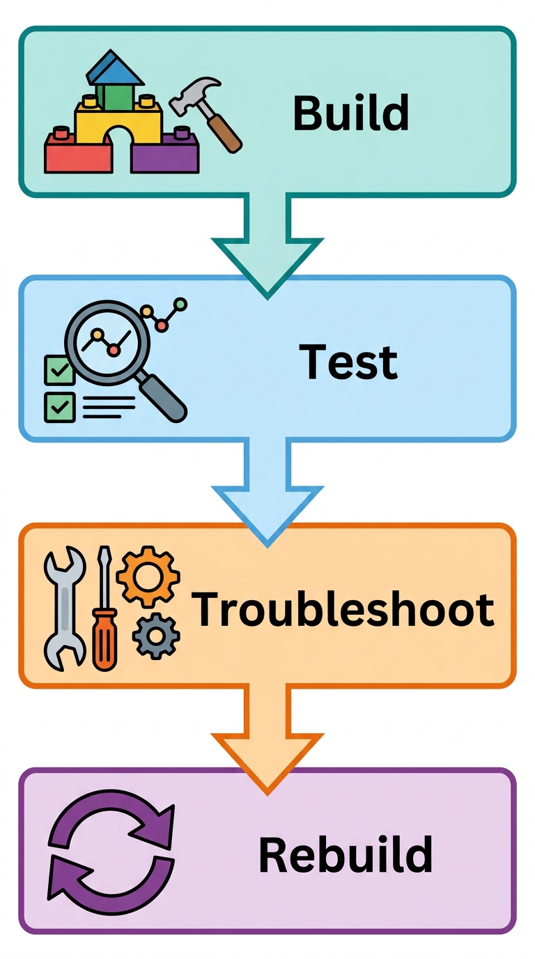 Vertical process-flow diagram showing the four-stage build-test-troubleshoot-rebuild loop of magnetic tile play, with colored icons and labels.
