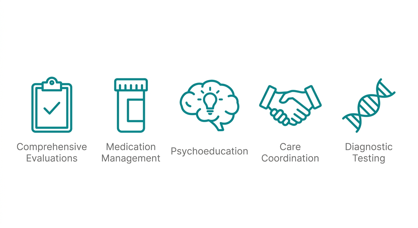 Five teal outline icons representing psychiatric telepsychiatry services: clipboard with checkmark, pill bottle, brain with lightbulb, handshake, and DNA strand, each with a short gray label on a white background.