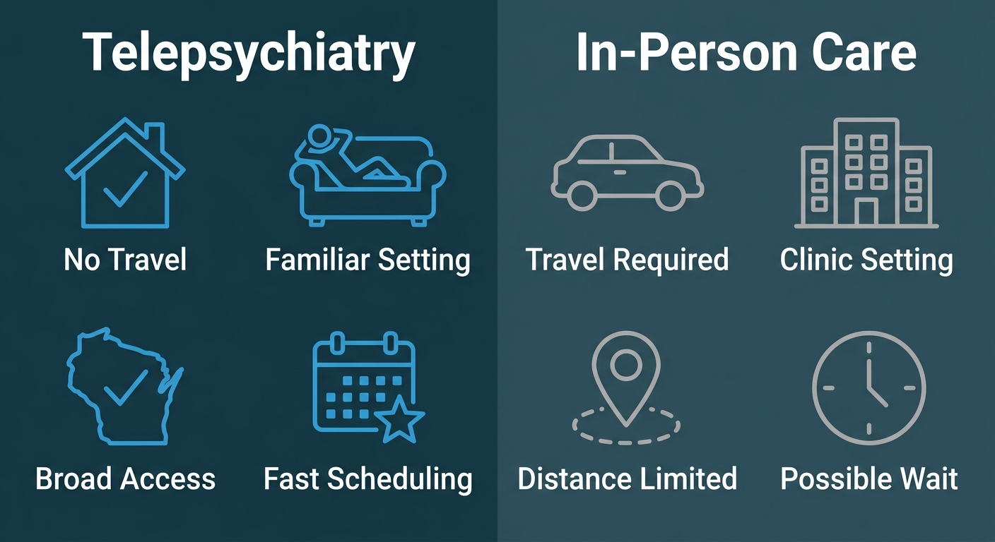 Two-column flat infographic comparing telepsychiatry and in-person psychiatric care. Left column, blue icons: a house with a checkmark, a person relaxing on a sofa, the state of Wisconsin with a checkmark, and a calendar with a star, each labeled (No Travel, Familiar Setting, Broad Access, Fast Scheduling). Right column, gray icons: a car, a building, a map pin with a dashed circle, and a clock, each labeled (Travel Required, Clinic Setting, Distance Limited, Possible Wait). Dark teal background, white sans-serif text.