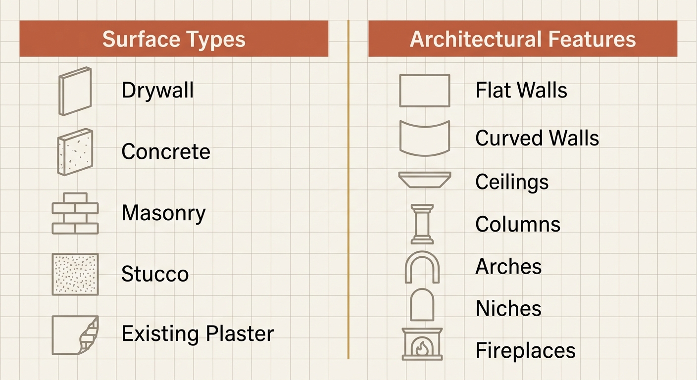 Two-column infographic contrasting surface types with architectural features, labeled with icons on a cream background with gold divider.