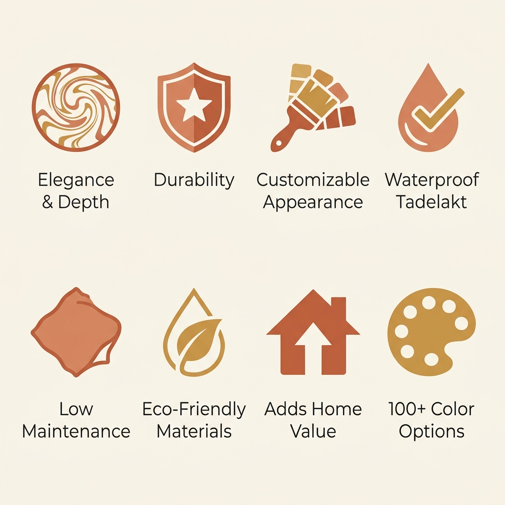Infographic with eight flat icons in warm terracotta and gold tones on a cream background, each with a thin charcoal-gray label below, representing the benefits of Venetian plaster.