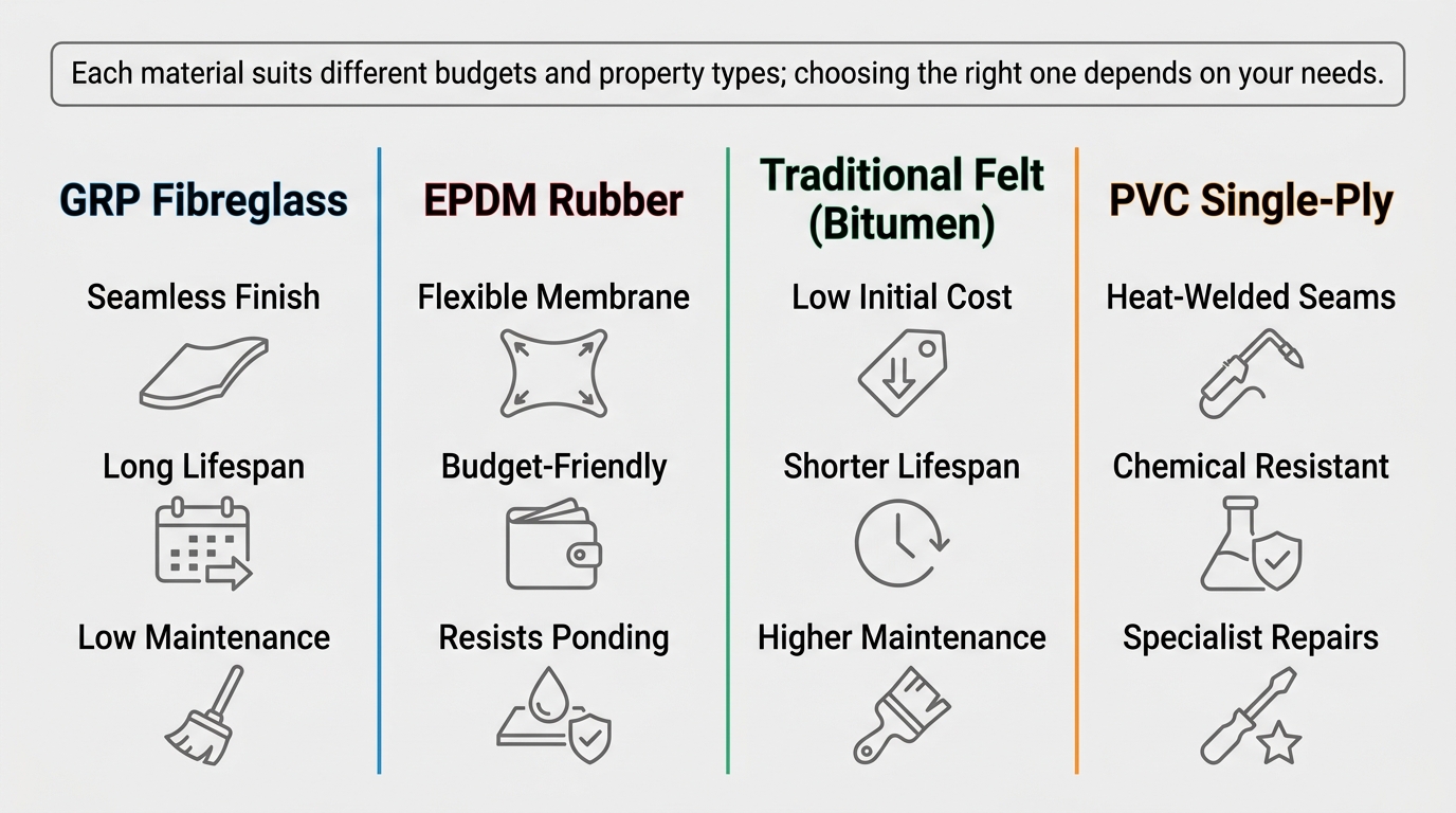 Four-column infographic comparing flat roofing materials: GRP Fibreglass, EPDM Rubber, Traditional Felt (Bitumen), and PVC Single-Ply. Each column shows three feature icons with labels. A message at the top states that each material suits different budgets and property types.