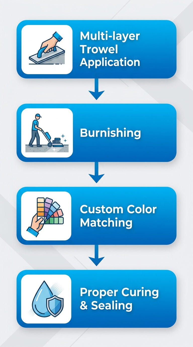 Vertical process flow diagram with four blue gradient stages, from trowel application to curing and sealing, each with a relevant icon and short label.