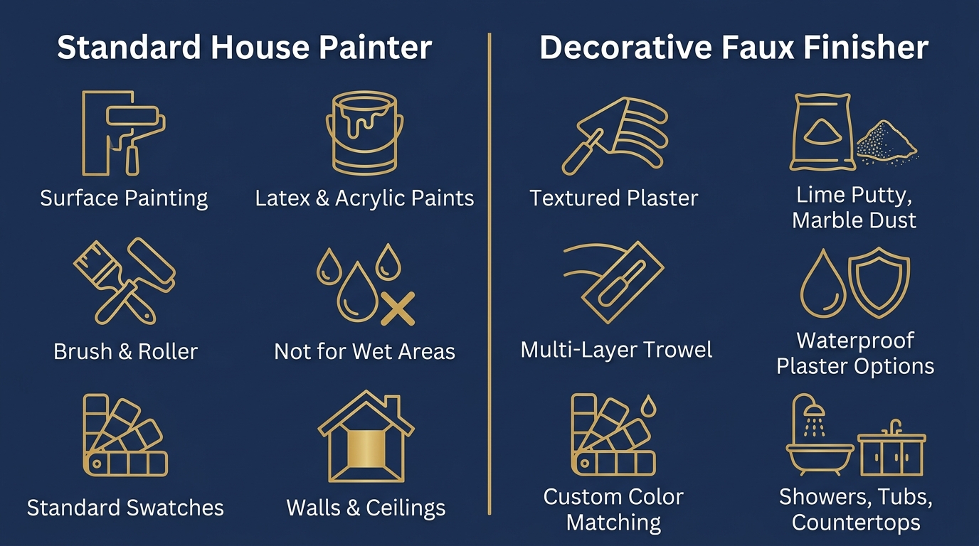 Two-column infographic on a dark navy background comparing a Standard House Painter and a Decorative Faux Finisher. Icons with gold outlines and white labels list six key differences for each role, from paint types to waterproof plaster options.