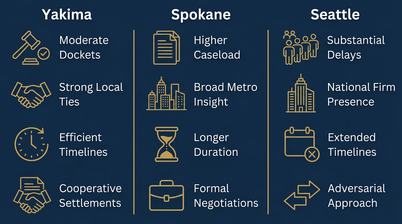 Infographic comparing personal injury claim environments in Yakima, Spokane, and Seattle, showing four key factors for each city using gold line icons on a navy background.