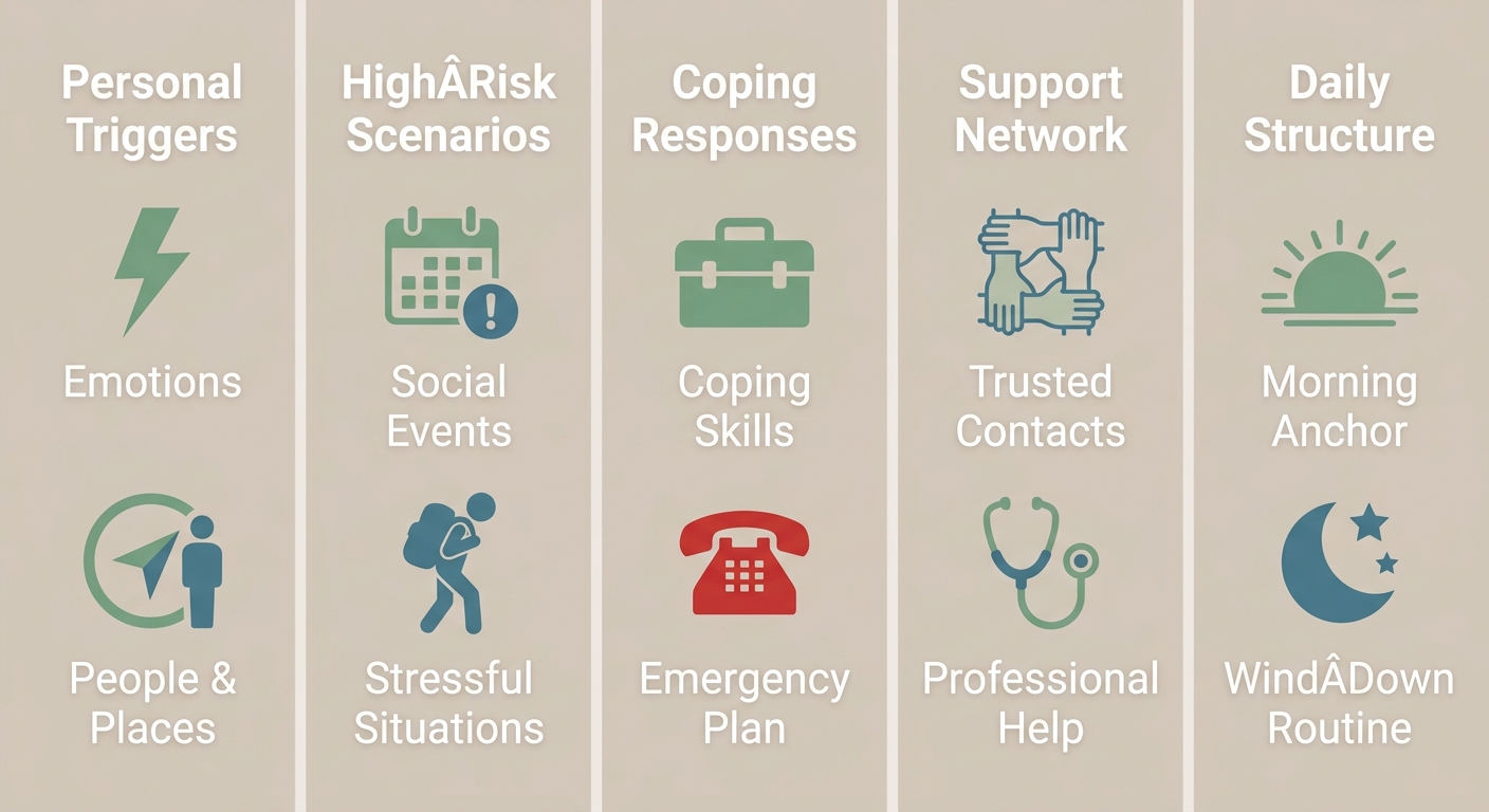 Infographic with five columns for a personalized relapse prevention plan, covering triggers, coping, support, and daily routines.