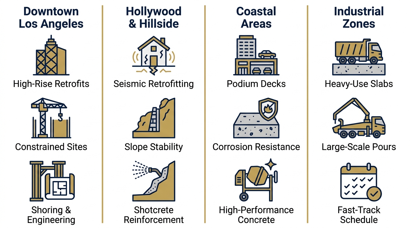 Infographic showing structural concrete service areas in Los Angeles, with four columns for Downtown LA, Hollywood & Hillside, Coastal Areas, and Industrial Zones, each listing three services with icons.