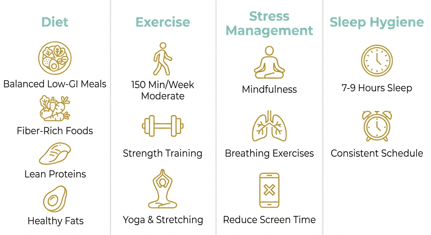 Infographic with four columns: Diet, Exercise, Stress Management, and Sleep Hygiene, each with icons and labels for lifestyle changes that help manage PCOS symptoms.
