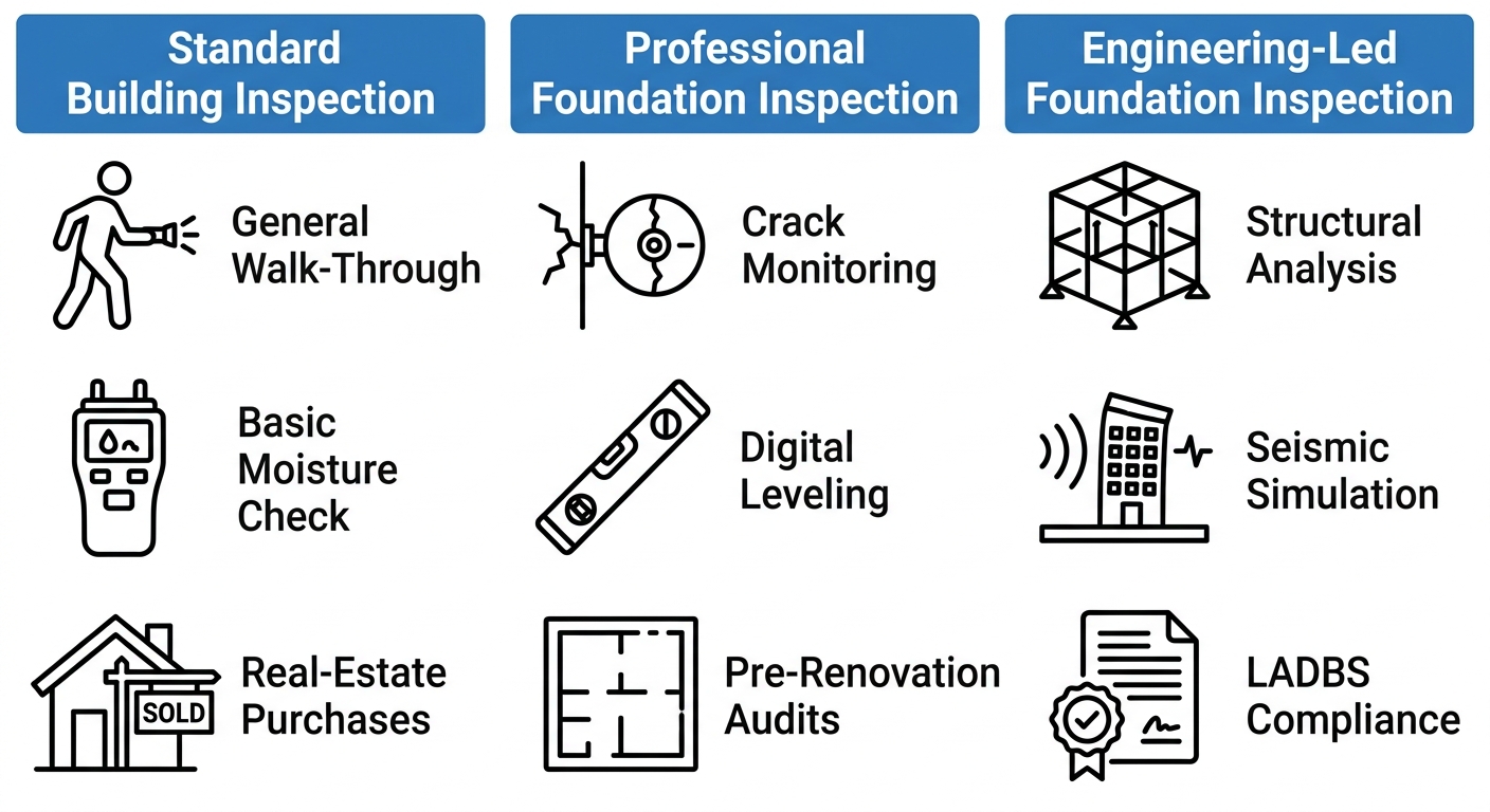 Infographic comparing three types of building inspections: Standard, Professional Foundation, and Engineering-Led Foundation, each with three labeled icons