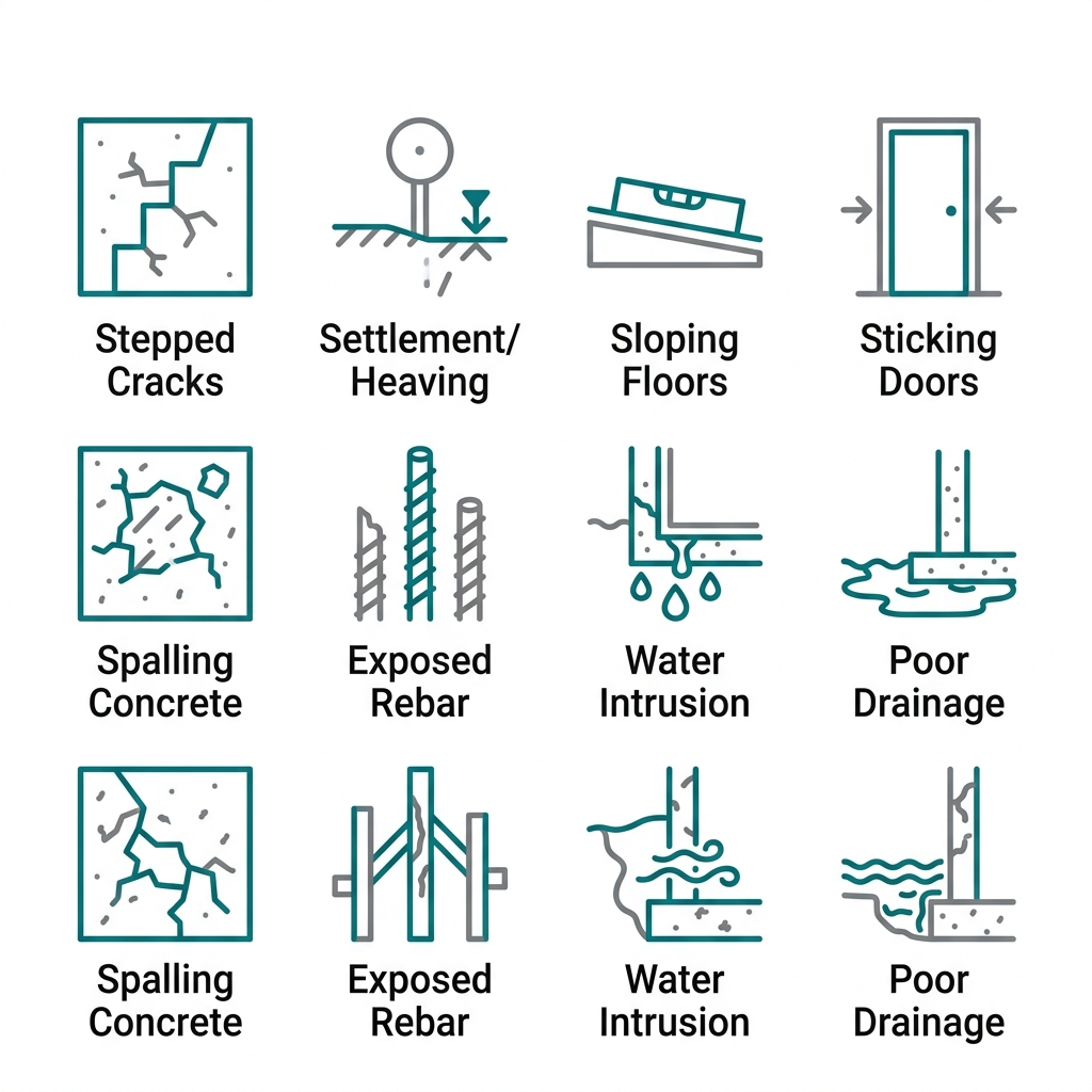 Flat icon set in a 2x4 grid showing common foundation problems: stepped cracks, settlement, sloping floors, sticking doors, spalling concrete, exposed rebar, water intrusion, and poor drainage, with labels.