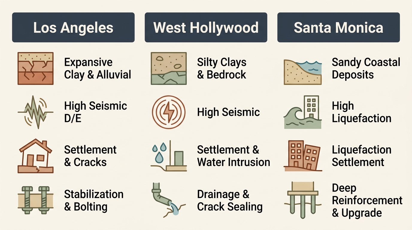 Three-column comparison infographic illustrating soil and seismic conditions and foundation repair strategies for Los Angeles, West Hollywood, and Santa Monica neighborhoods.