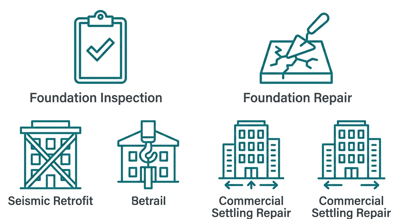 2x2 grid of teal outlined icons for foundation and seismic services: clipboard with checkmark, cracked slab with trowel, building with bracing, building with leveling arrows, each labeled in dark gray.