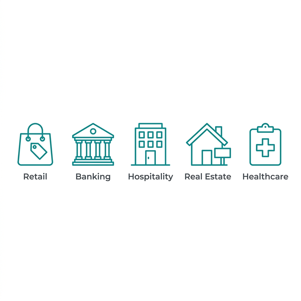Five teal outline icons on a white background -- a shopping bag with tag, bank building with columns, hotel with door, house with for-sale sign, and medical cross on clipboard -- each labeled Retail, Banking, Hospitality, Real Estate, and Healthcare.