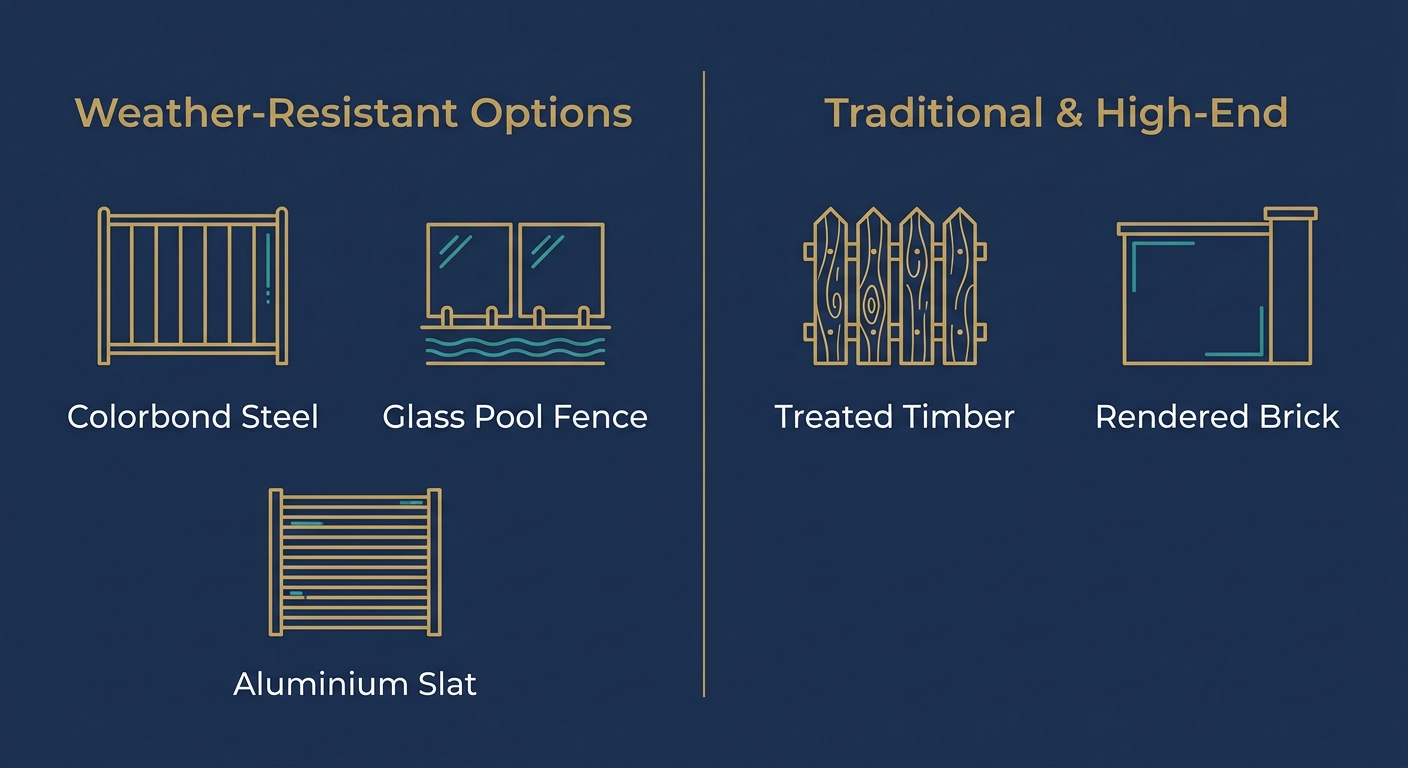 Infographic comparing fencing materials for Brisbane suburbs: weather-resistant options (Colorbond Steel, Glass Pool Fence, Aluminium Slat) and traditional high-end choices (Treated Timber, Rendered Brick), each with gold line icons on navy