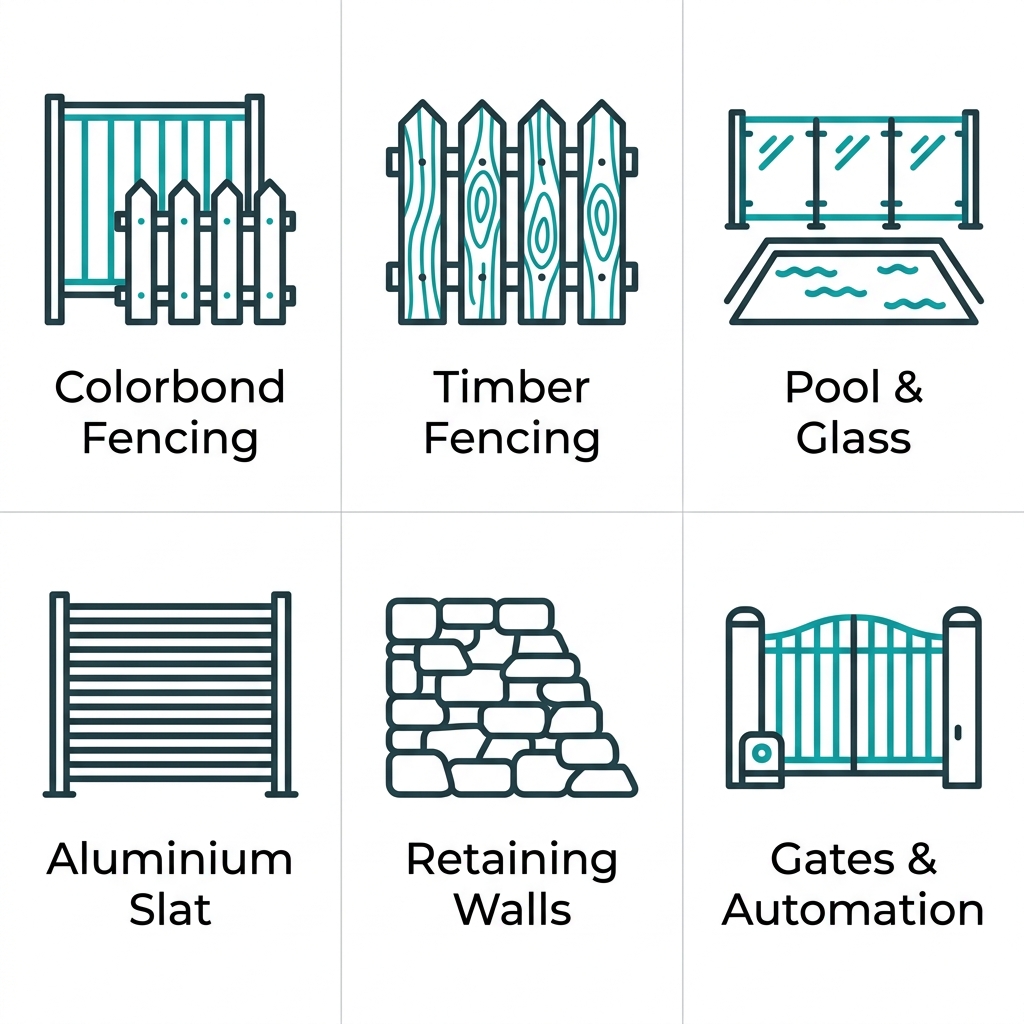 Six flat outline icons in teal and charcoal showing fencing services: Colorbond, timber, pool glass, aluminium slat, retaining walls, and automated gates.