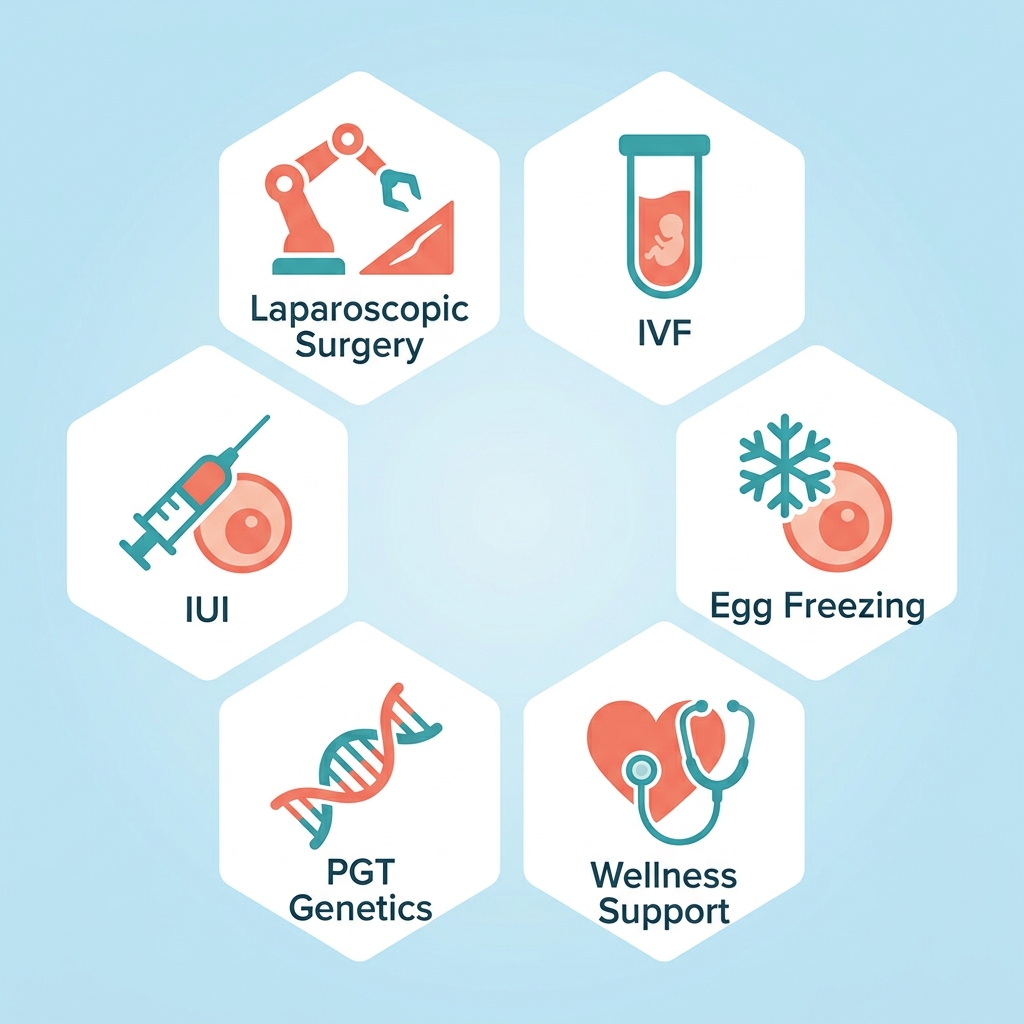 Flat hexagonal icon grid on a soft blue gradient showing six labeled fertility service icons — laparoscopic surgery, IVF, IUI, egg freezing, PGT genetics, and wellness support — in coral and teal.