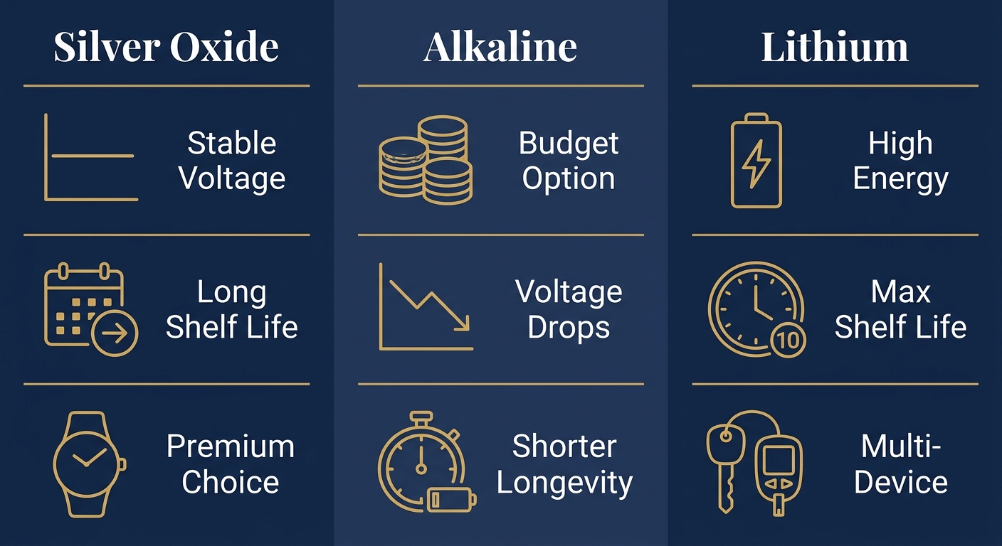 Infographic with three columns comparing Silver Oxide, Alkaline, and Lithium watch battery types with corresponding icons and labels.