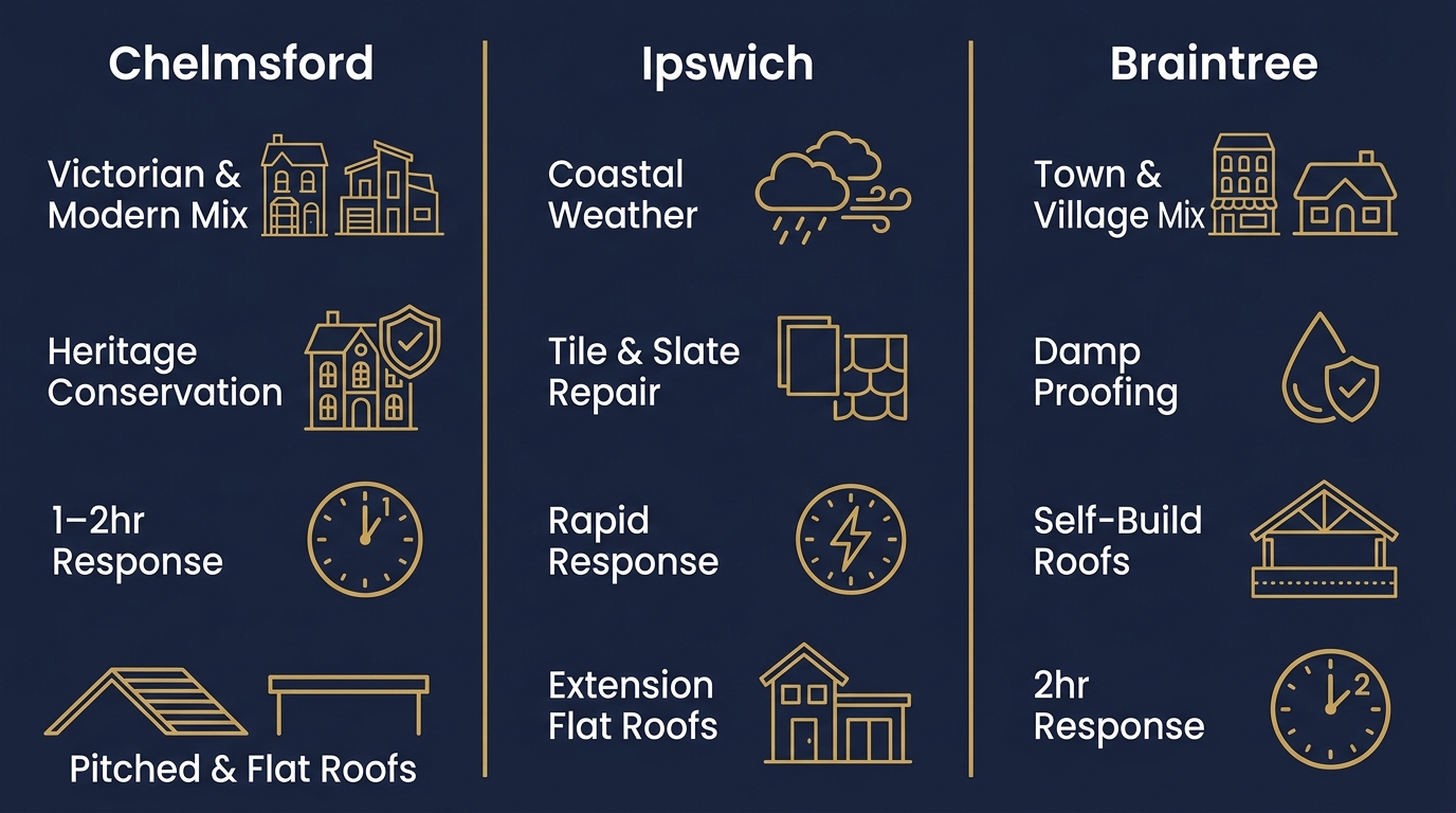 Infographic comparing BestWay Roofing services across Chelmsford, Ipswich, and Braintree, with four roofing features listed for each location