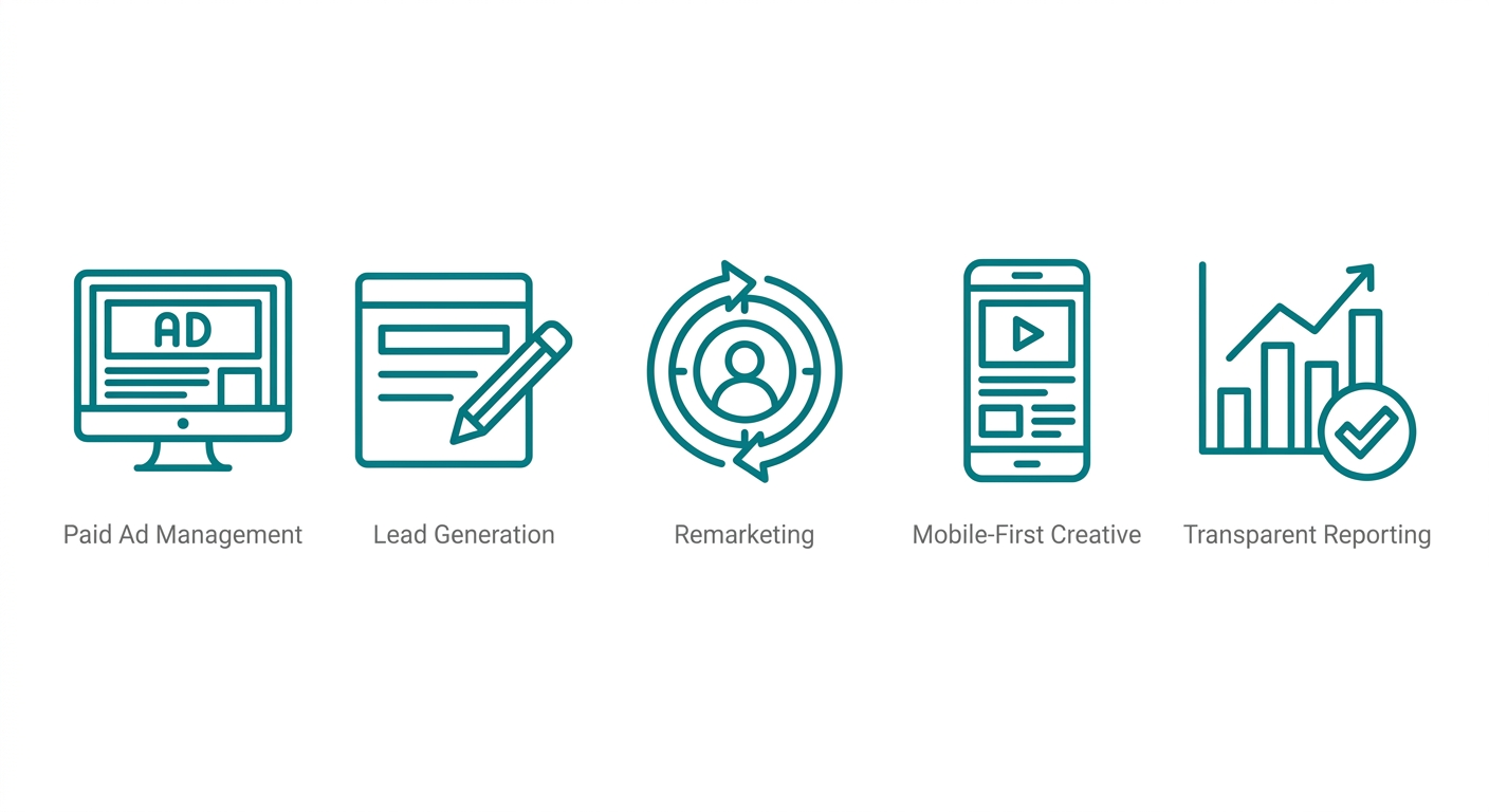 Set of five outlined icons representing Facebook advertising solutions: paid ad management, lead generation, remarketing, mobile-first creative, and transparent reporting.