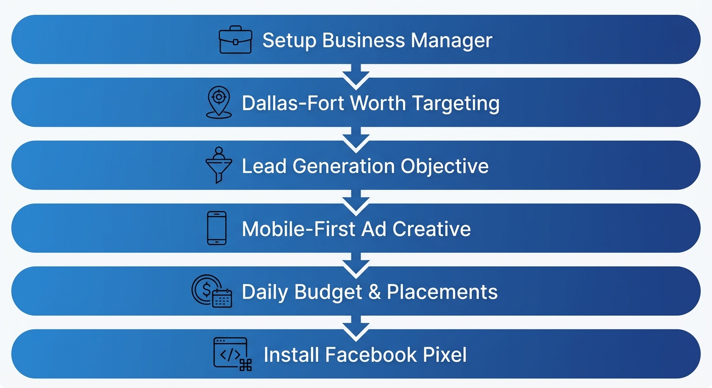 Vertical process flow diagram of six steps to launch a Facebook ad campaign for a Dallas small business, from Business Manager setup to Facebook Pixel installation.