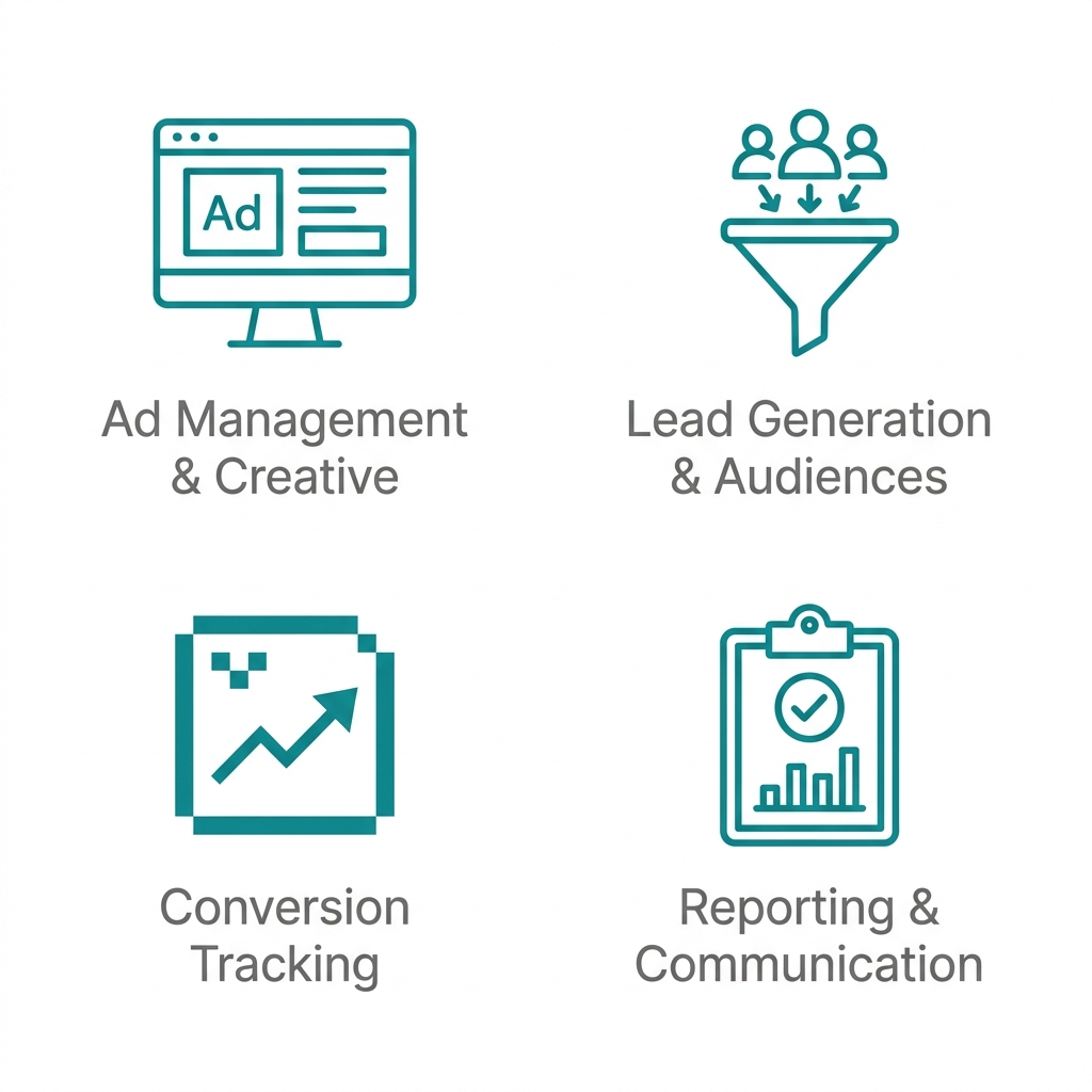 Teal outline icon set showing four Facebook advertising capabilities for Dallas small businesses: ad management, lead generation, conversion tracking, and reporting.