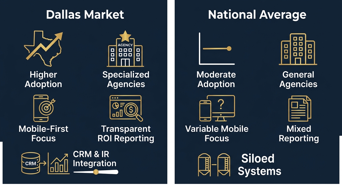 Infographic comparing Dallas market vs national average for digital advertising adoption and specialized agencies in small-cap investor relations.