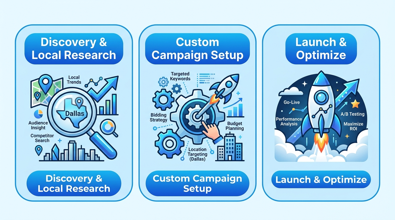 Three-step horizontal process diagram for launching a customized Google Ads strategy: Discovery and Local Research, Custom Campaign Setup, Launch and Optimize.
