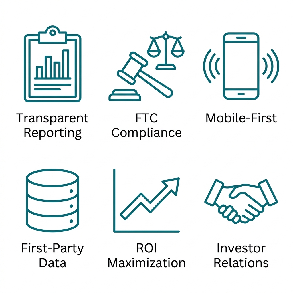 Icons representing six Google Ads service features: transparent reporting, FTC compliance, mobile-first, first-party data, ROI maximization, and investor relations.