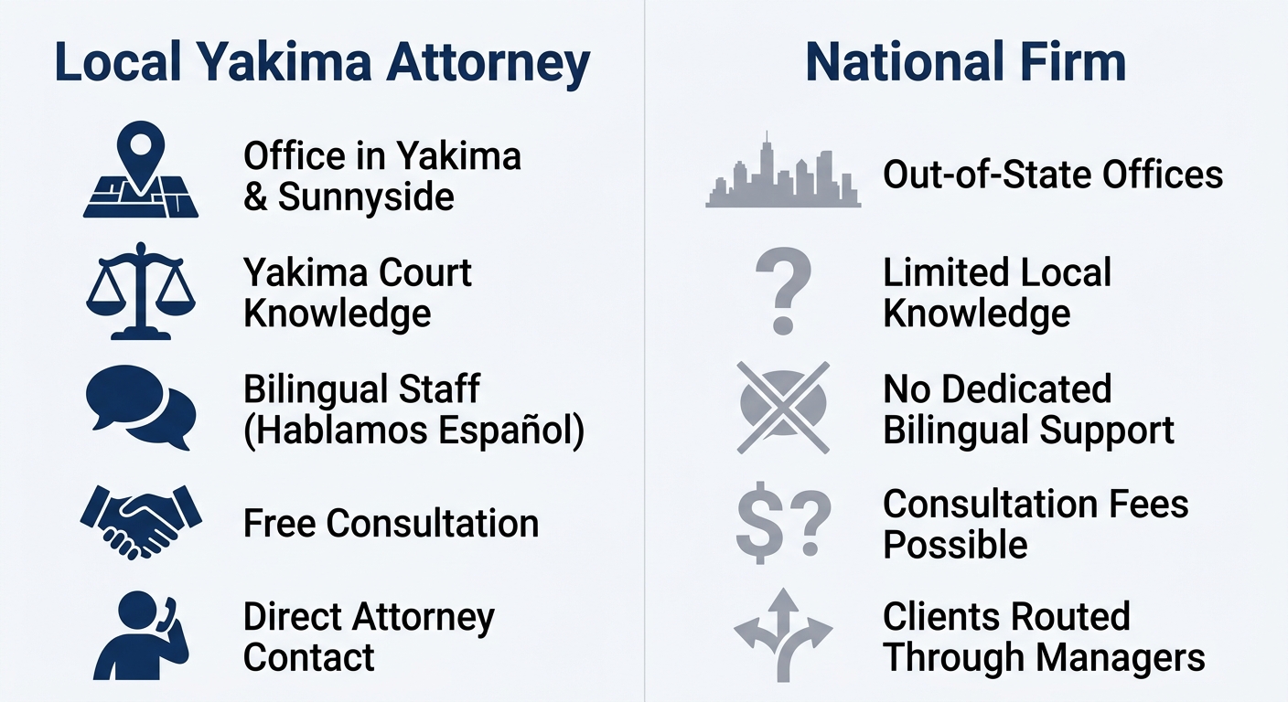 Infographic comparing a Local Yakima Attorney column with a National Firm column. Each column has a navy header and five labeled items with icons: local side shows map pin, scales, speech bubbles, handshake, and person-phone; national side shows distant skyline, question mark, crossed-out speech bubble, dollar sign, and multiple arrows.