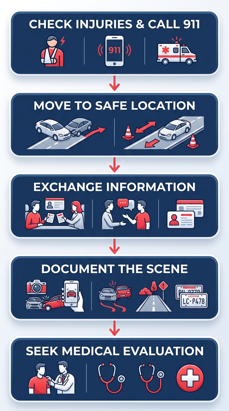 Five steps after a car accident: check injuries and call 911, move to safe location, exchange information, document the scene, seek medical evaluation.