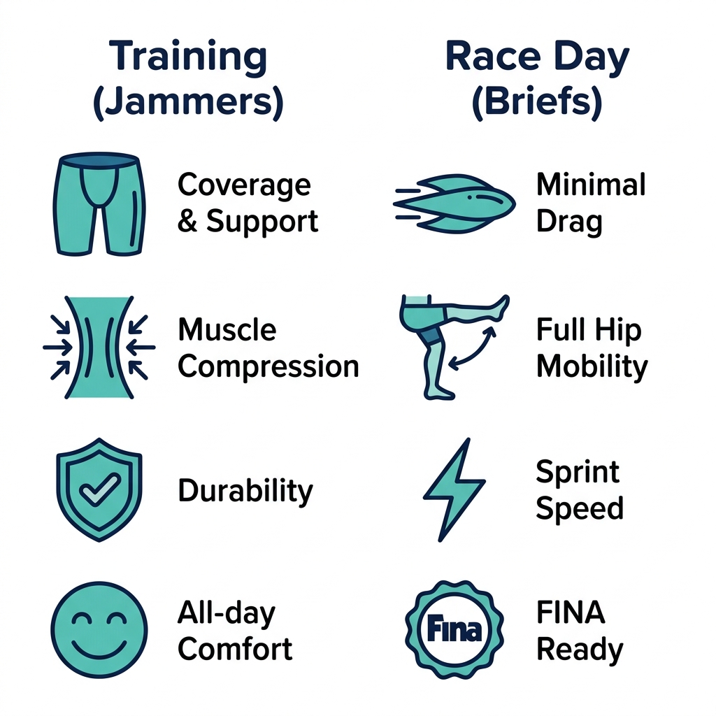 Two-column icon set comparing training jammers features (coverage, compression, durability, comfort) with race day briefs features (minimal drag, hip mobility, sprint speed, FINA approval) for competitive swimmers.