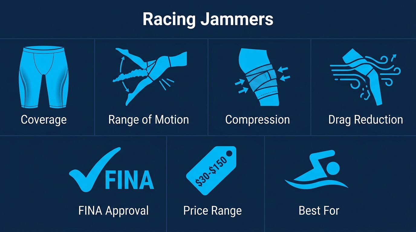 Infographic comparing Racing Jammers features: Coverage, Range of Motion, Compression, Drag Reduction, FINA Approval, Price Range, and Best For, with icons and labels on a blue gradient background.
