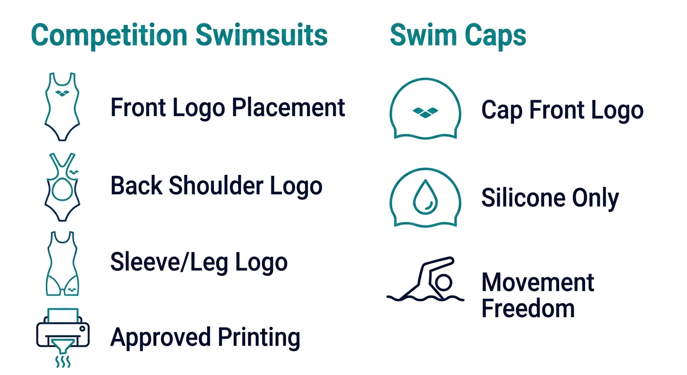 Comparison infographic of World Aquatics design rules for competition swimsuits and swim caps showing approved logo placements and printing methods