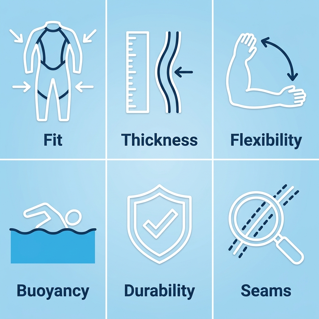Six icons representing wetsuit selection criteria: Fit, Thickness, Flexibility, Buoyancy, Durability, and Seams, with dark blue labels on a light blue gradient background.