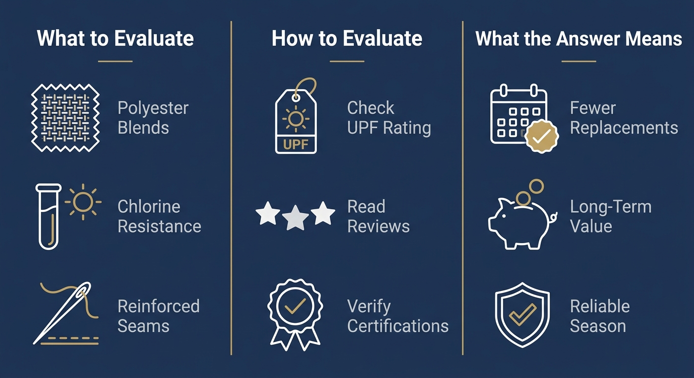 Three-column infographic titled What to Evaluate, How to Evaluate, and What the Answer Means, each listing three attributes with outlined icons on a navy background with gold accents.