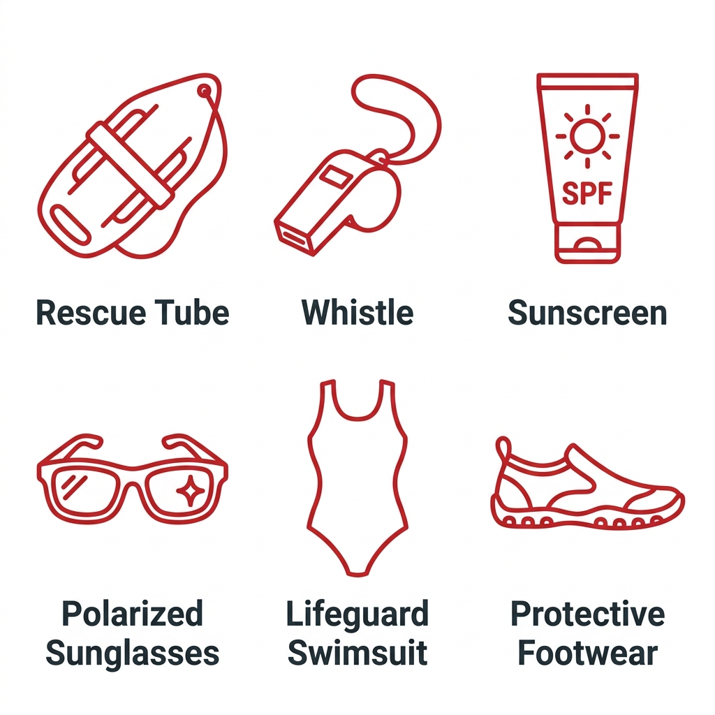 Icon set of six lifeguard gear essentials: rescue tube, whistle, sunscreen, polarized sunglasses, lifeguard swimsuit, and protective footwear. Each item is shown as a red outline icon on a white background with a dark gray label beneath.