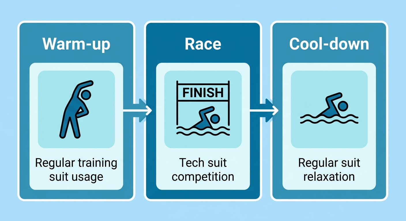 Horizontal process flow showing a swimmer's meet day timeline from warm-up in a training suit to racing in a tech suit to cool-down back in a training suit