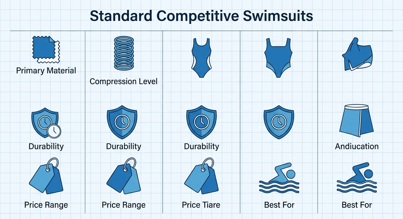 Infographic comparing standard competitive swimsuits features including material, compression, durability, price, and best use.