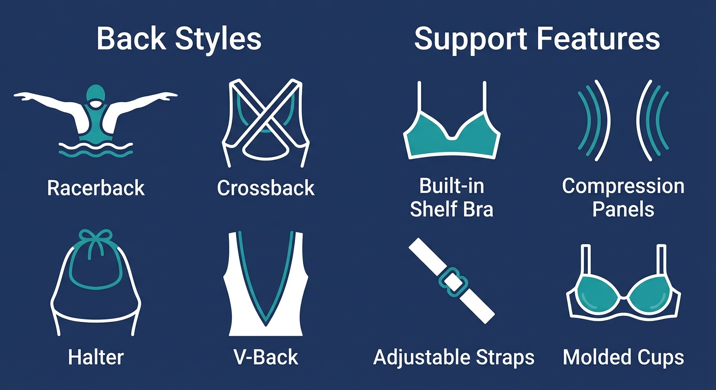 Infographic comparing four swimsuit back styles (Racerback, Crossback, Halter, V-Back) with four support features (Built-in Shelf Bra, Compression Panels, Adjustable Straps, Molded Cups) on a dark navy background with white and teal icons.