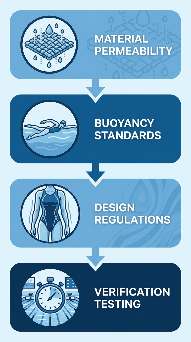 Four-step vertical process flow illustrating World Aquatics compliance standards for competitive swimwear, with rounded rectangles and downward arrows in blue tones.