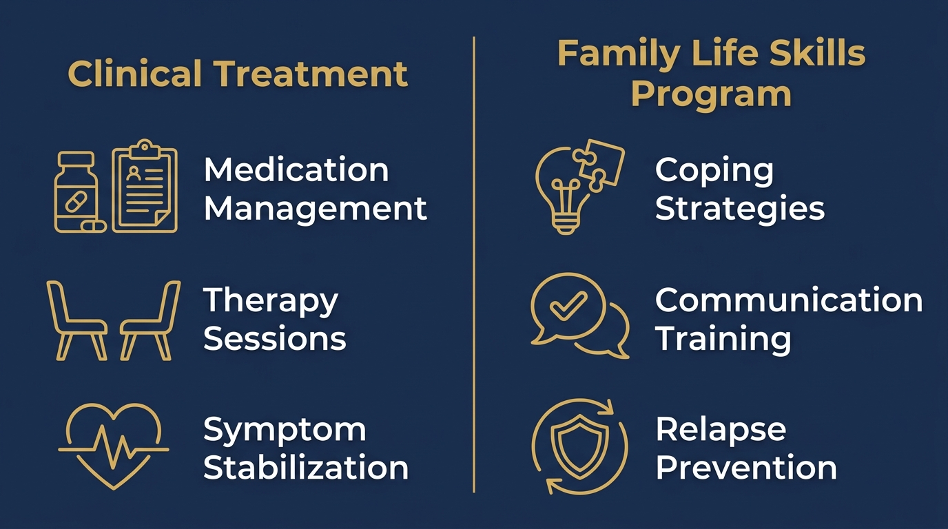 Infographic comparing clinical treatment and family life skills program, showing medication management, therapy, symptom stabilization versus coping strategies, communication training, and relapse prevention.