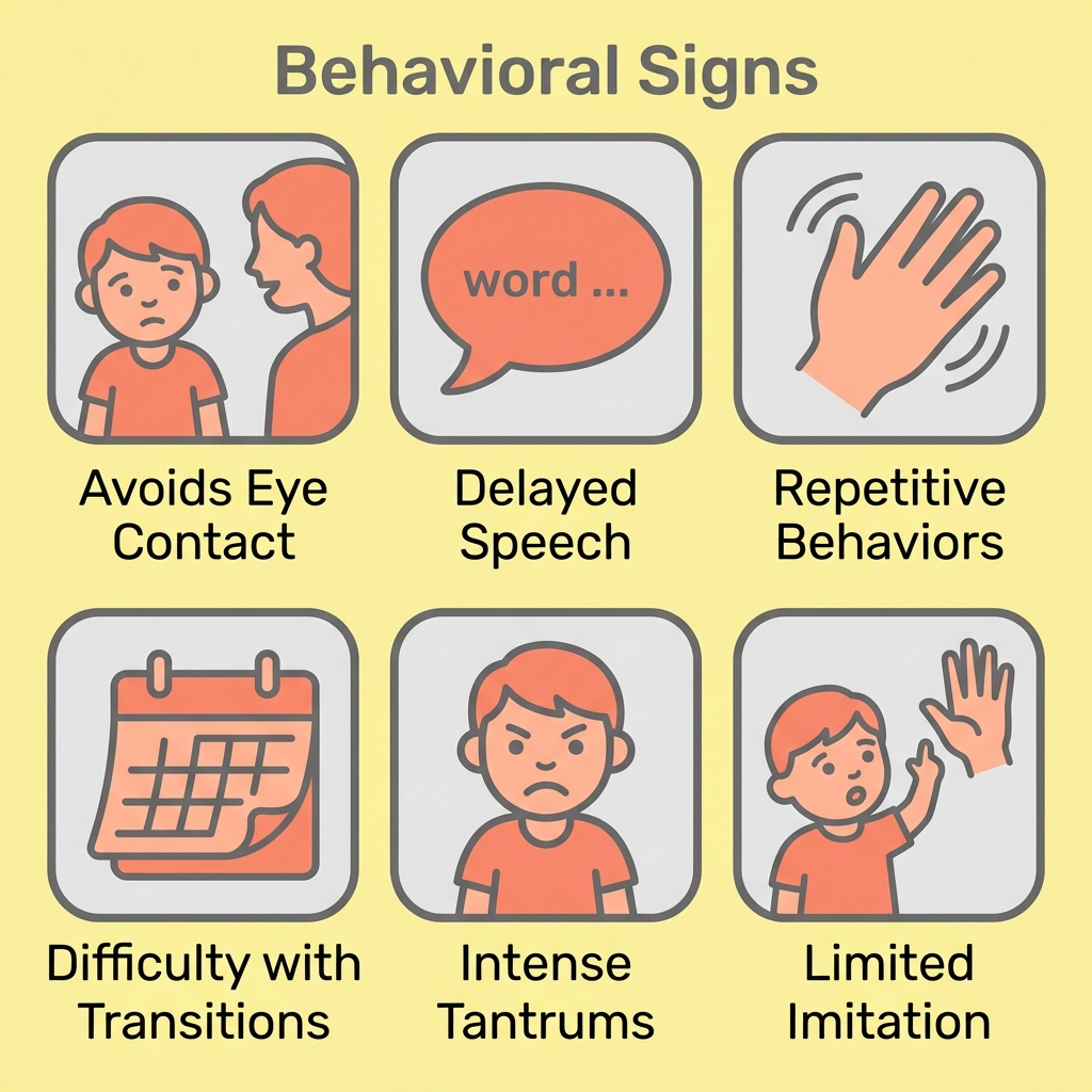 Icon set showing six behavioral signs of children who might benefit from ABA therapy: avoids eye contact, delayed speech, repetitive behaviors, difficulty with transitions, intense tantrums, and limited imitation.