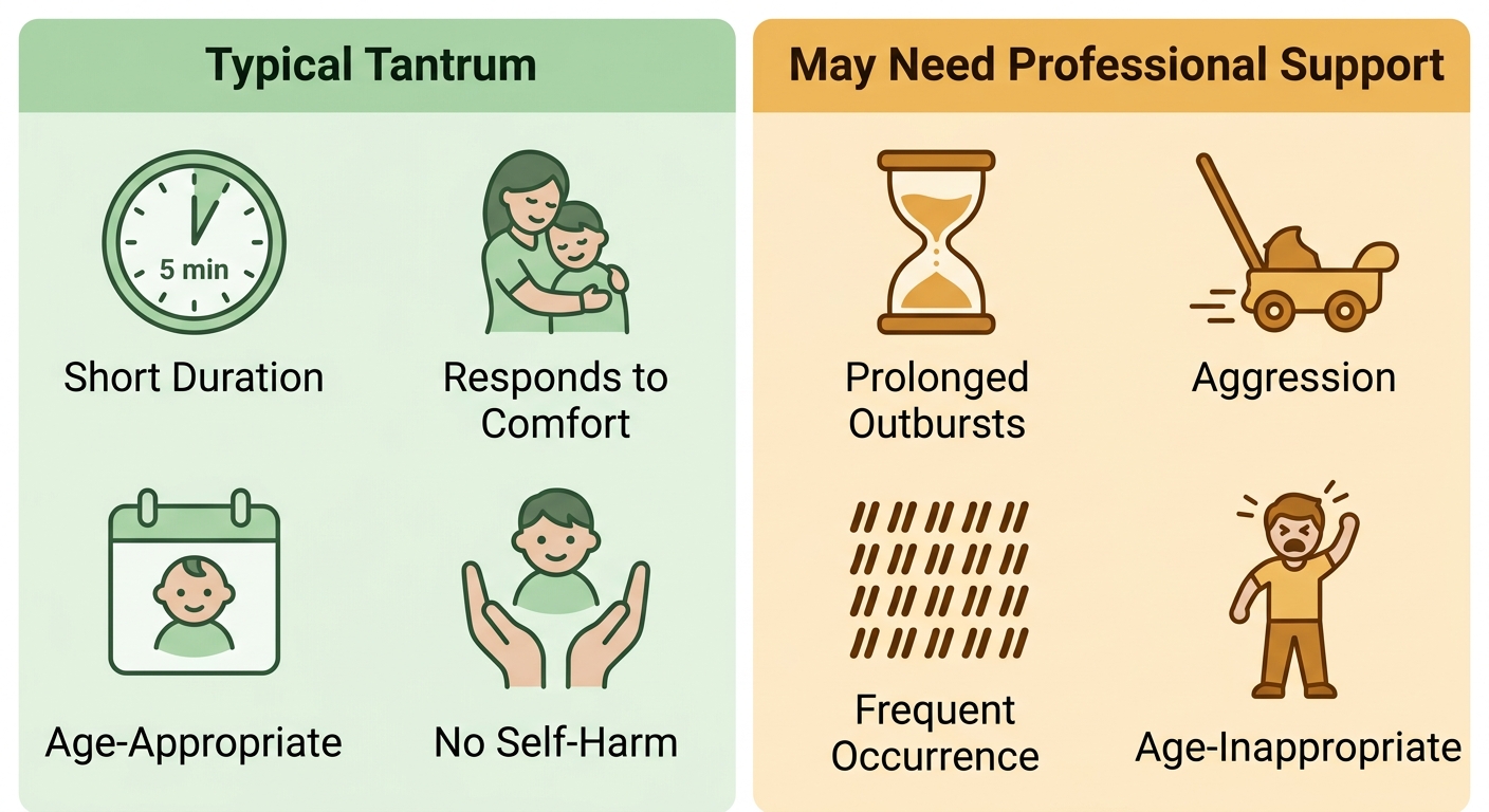 Comparison infographic showing typical tantrum behaviors on the left versus behaviors that may need professional ABA support on the right, each with four icon-labeled items.